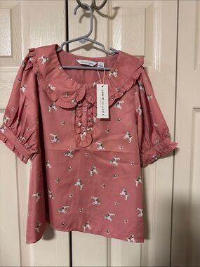 Janie and Jack Rose Pink Puppy Print Ruffle Top size 10